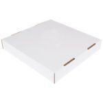 A closed, plain white square pizza box with side slits sits neatly on a white background, echoing the sleek design of the MH-USA Corrugated Trash Can Lid Solid for 40 and 50 Gallons (10/Bundle).