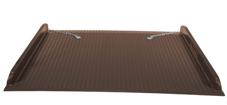 A brown metal Vestil Container Ramp (60 X 59.93) features a diamond plate texture, side rails, and two short support chains. Designed for loading or accessibility, it handles heavy-duty tasks with a 15,000 lb capacity.