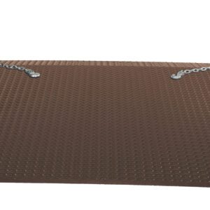 A brown metal Vestil Container Ramp (60 X 59.93) features a diamond plate texture, side rails, and two short support chains. Designed for loading or accessibility, it handles heavy-duty tasks with a 15,000 lb capacity.