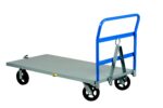 The Little Giant platform dolly features a blue handle, four durable black wheels, and a foldable design. Its ring latch mechanism ensures secure handling, reflecting the reliability of the Little Giant Caster Steer Trailer.
