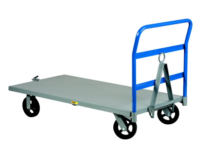 The Little Giant platform dolly features a blue handle, four durable black wheels, and a foldable design. Its ring latch mechanism ensures secure handling, reflecting the reliability of the Little Giant Caster Steer Trailer.