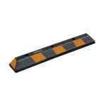 The Vestil Car Stop Black Rubber 3 Long is a black and yellow rectangular speed bump with a textured surface for enhanced traction and durability.