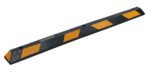 The Vestil Car Stop Black Rubber 4 Long parking curb features bold diagonal orange reflective stripes.