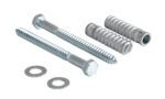 The Vestil Car Stop Concrete Hardware Kit 2 includes two hex-head metal screws, two cylindrical anchors, and two washers with a silver metallic finish, all displayed on a plain white background.