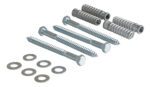 The Vestil Car Stop Concrete Hardware Kit 4 includes four hex head screws, four dowels, and eight flat washers on a white background, with screws and dowels aligned parallel and washers in two neat rows.
