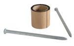 A large and a small nail from the Vestil Car Stop Asphalt Hardware Kit 2 Spike are placed next to a roll of sandpaper with brown paper backing, set upright against a white background.