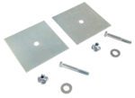 Two square, perforated metal plates with central holes, resembling the Vestil Car Stop Glue Down Anchor Plate 2 Holes, are placed side by side. Along with them are two bolts, nuts, and washers neatly arranged on a white background.