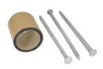 A roll of brown material sits beside three parallel metal nails on a white background, resembling those from the Vestil Anchor Kit For 3-Hole Car Stop.