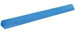 The Vestil Truck Stop Recycled Plastic Blue 96 In is a long, blue rectangular speed bump with a smooth, slightly textured surface and a triangular profile, ideal for roads or parking areas.
