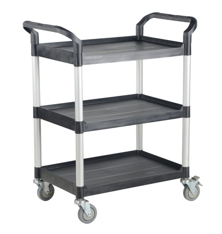 CSC-L_A.jpg The Vestil Commercial Cart 43X20 3-Shelf No Panels is a sleek, gray utility cart with handles on both sides and four wheels for easy mobility, featuring black shelves and silver legs for a versatile solution to any task.
