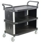 The Vestil Commercial Cart 43X20 features a sturdy three-shelf design with two handles and sleek silver bars. Its robust build includes swivel casters and panel-enhanced shelves for seamless mobility and utility.