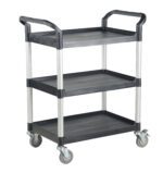 The Vestil Commercial Cart 33X19 3-Shelf No Panels features a stylish black and gray design, three spacious shelves, four swivel caster wheels for easy movement, and dual side handles on the top shelf for optimal utility.