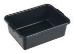 A black, rectangular plastic tub resembling the Vestil Commercial Cart - Utility Box, has smooth sides, slightly curved corners, shallow interior ridges, and a glossy surface that enhances its sleek design. It lacks visible handles.