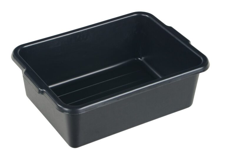 A black, rectangular plastic tub resembling the Vestil Commercial Cart - Utility Box, has smooth sides, slightly curved corners, shallow interior ridges, and a glossy surface that enhances its sleek design. It lacks visible handles.