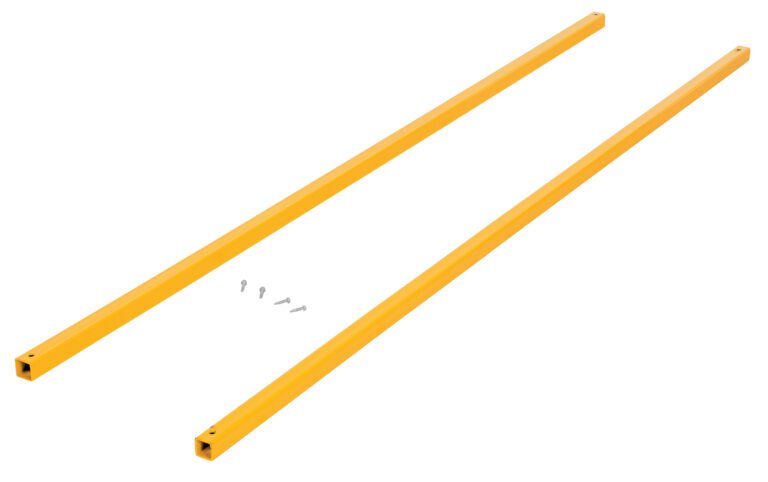 Two long, rectangular metal rods evoke the sleek design of the Vestil Steel Square Connection Tubing 84 In as they lay parallel on a pristine white background. Positioned between them, four small screws emphasize the precise arrangement.