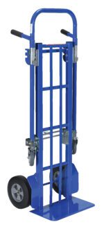 The Vestil Convertible Hand Truck Steel 500 Lb Cap, featuring a blue and black design with a sturdy metal frame and small base, easily lifts and transports up to 500 lb.