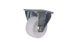 The Vestil 2X13/16 Poly, Rigid caster features a white plastic wheel with a silver metal mounting bracket, displayed on a plain white background.