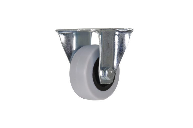 CST-B23-2X1TPR-R_A.jpg The Vestil 2X4/5 Tpr, Rigid is a gray rubber caster wheel with a metal bracket and shiny metallic finish, perfect for smooth rolling and enhancing the mobility of furniture or equipment.