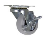 The Vestil 2X4/5 TPR model is a gray swivel caster wheel with a brake, metal mounting plate, and visible ball bearings for smooth rotation, shown attached to a metal frame.
