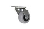 Discover the Vestil 2X4/5 Tpr, a swivel caster wheel with a gray rubber tire and robust metallic mounting plate, beautifully angled against a white background to highlight its perfect fusion of functionality and design.