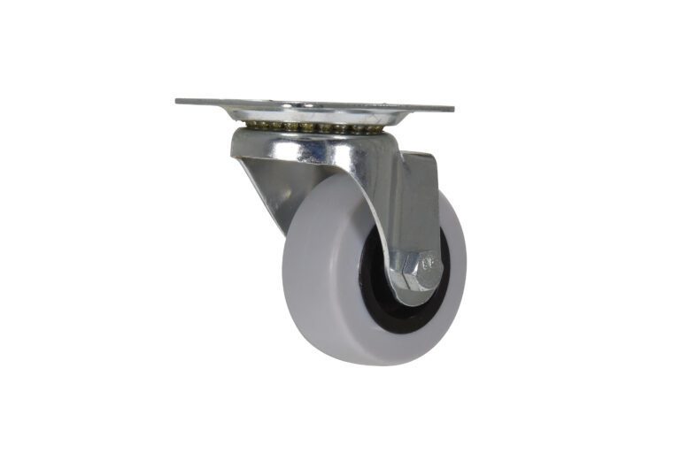 CST-B23-2X1TPR-S_A.jpg Discover the Vestil 2X4/5 Tpr, a swivel caster wheel with a gray rubber tire and robust metallic mounting plate, beautifully angled against a white background to highlight its perfect fusion of functionality and design.