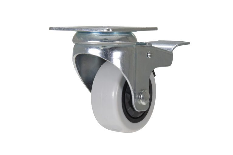 CST-B28-3X1PP-SWTB_A.jpg A Vestil 3X1-1/4 Poly metal swivel caster with a white wheel, Swb (Top Brake) feature, is shown upside down, revealing its mounting plate and dark inner core. The shiny surface suggests steel construction.