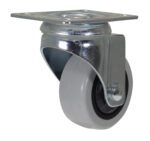 The Vestil 3X1-1/4 Poly Swivel caster, with a gray rubber wheel, silver metal frame, and square mounting plate, is designed for easy movement of furniture or carts.