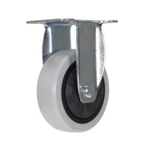 The Vestil 4X1-1/4 Poly, Rigid features a stylish white wheel with a black rim, set in a durable silver bracket.