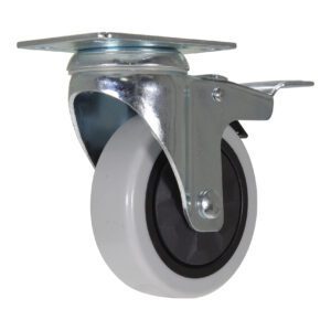 The Vestil 4X1-1/4 Poly caster wheel, with Swb (Top Brake), features a gray rubber tire and black rim on a metal mounting plate, enhancing easy rotation with its shiny steel bracket for secure movement control.