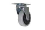 The Vestil 4X1-1/4 Poly, Swivel caster has a gray rubber outer layer and black plastic center with a metal mounting plate for easy attachment, offering smooth mobility on different surfaces.