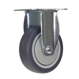 The Vestil 4X1-1/4 Tpr Rigid caster features a sturdy metal mounting bracket and a black rubber wheel, providing reliable mobility for various applications on a white background.