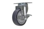 The Vestil 4X1-1/4 Tpr Swivel W/Brake is shown with a metal bracket and gray rubber tire, featuring a locking lever for rotation and pivoting. It appears clean and new against a white background, highlighting its reliable mobility.