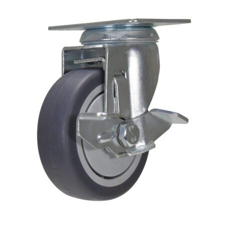 The Vestil 4X1-1/4 Tpr Swivel W/Brake is shown with a metal bracket and gray rubber tire, featuring a locking lever for rotation and pivoting. It appears clean and new against a white background, highlighting its reliable mobility.