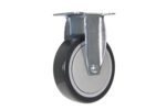 A swivel caster wheel with a gray rubber tire and metal bracket, akin to the Vestil 5X1 Polyurethane Rigid Caster, featuring a black outer rim and white center. Its top-mounted metal bracket enables smooth rotation.