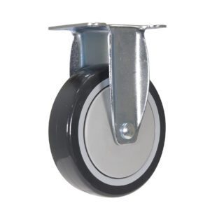 A swivel caster wheel with a gray rubber tire and metal bracket, akin to the Vestil 5X1 Polyurethane Rigid Caster, featuring a black outer rim and white center. Its top-mounted metal bracket enables smooth rotation.