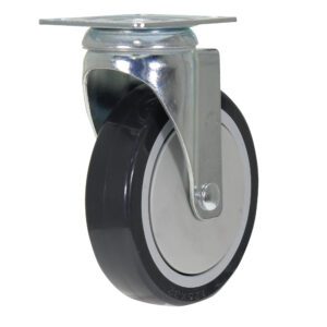 The Vestil 5X1 Polyurethane Swivel Caster, with a metal bracket and black rubber exterior, is displayed against a white background. Its side profile and top-mounted plate emphasize its robust design for smooth maneuverability.