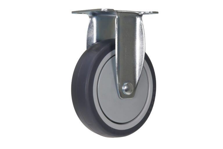 CST-B28-5X1TPR-R_A.jpg The Vestil 5X1-1/4 Tpr, Rigid caster features a gray rubber outer ring and center, mounted with a metal bolt on a sturdy bracket, isolated against a white background to showcase its durable design.