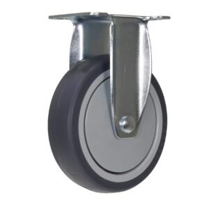 The Vestil 5X1-1/4 Tpr, Rigid caster features a gray rubber outer ring and center, mounted with a metal bolt on a sturdy bracket, isolated against a white background to showcase its durable design.