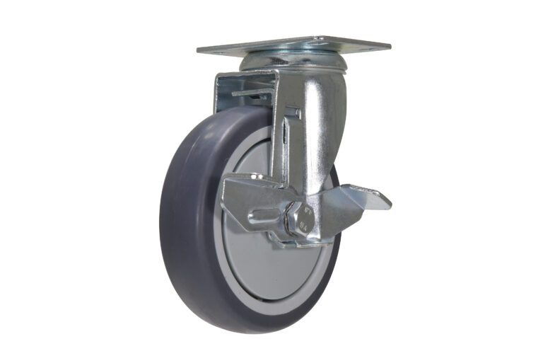 CST-B28-5X1TPR-SWB_A.jpg The Vestil 5X1-1/4 Tpr Swivel W/Brake is a swivel caster wheel with a metal bracket and gray rubber tire. It includes a side lock brake lever, showcasing its efficient locking mechanism and sturdy mounting plate.
