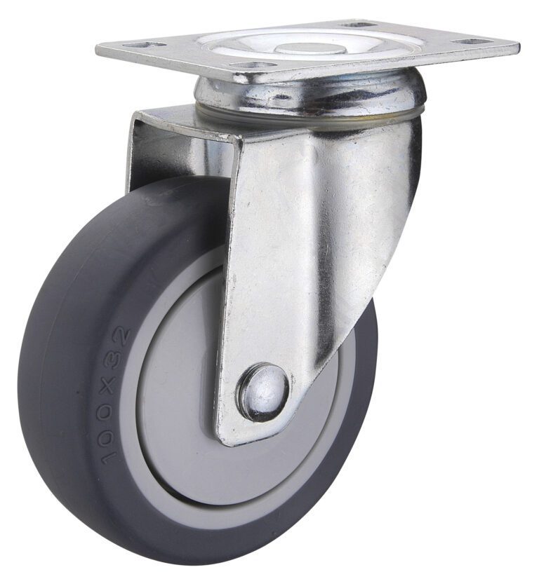 CST-B28-5X1TPR-S_A.jpg The Vestil 5X1-1/4 Tpr, Swivel caster wheel features a gray rubber tire and robust metal frame for easy movement. Its securely installed via a sturdy mounting plate with four holes.