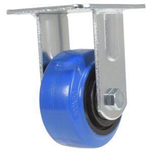 The Vestil 4X2 Elastic Rubber (Blue) Rigid caster wheel includes a durable metal bracket and silver frame, making it ideal for enhancing furniture or equipment mobility effortlessly.
