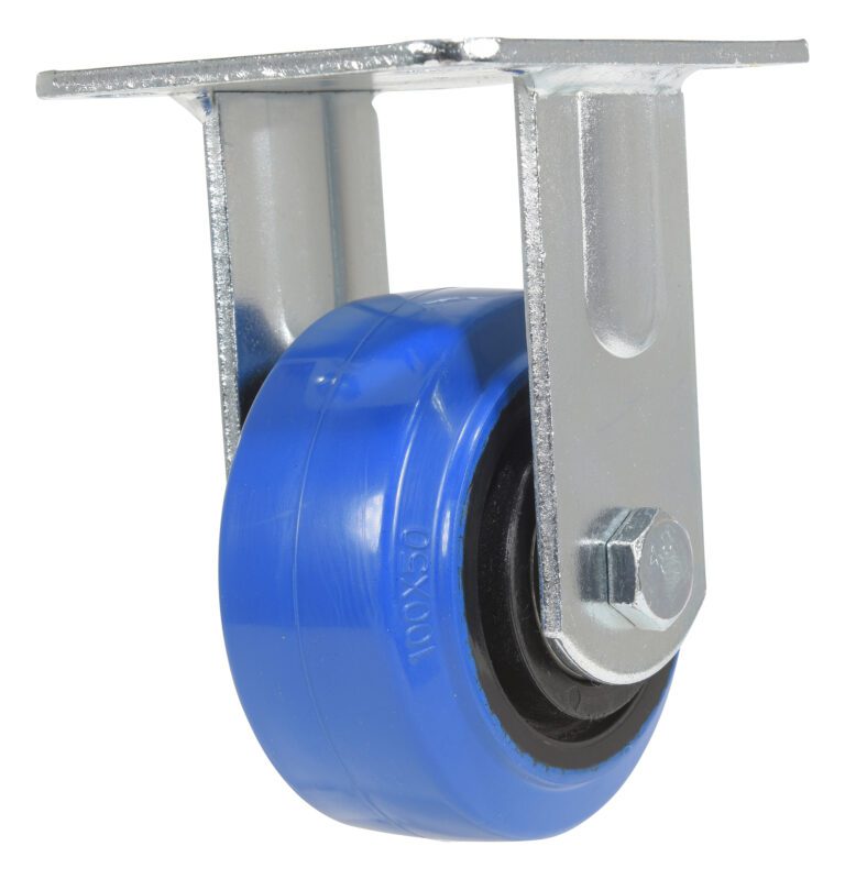 The Vestil 4X2 Elastic Rubber (Blue) Rigid caster wheel includes a durable metal bracket and silver frame, making it ideal for enhancing furniture or equipment mobility effortlessly.