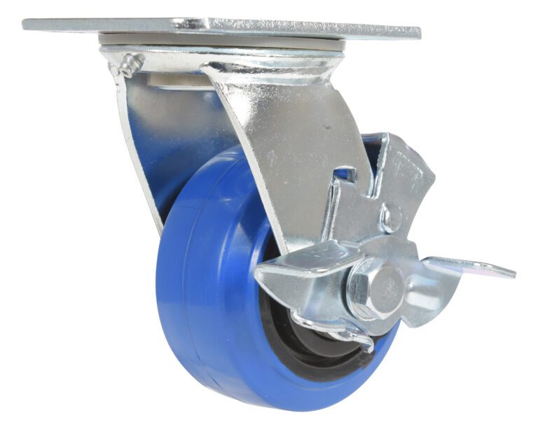 CST-BB-4X2ER-SWB_A.jpg The Vestil 4X2 Elastic Rubber (Blue) Swivel W/ Brake includes a metal mounting plate and locking mechanism, designed for mobility and stability on furniture or carts. Its sleek silver components provide a modern touch.