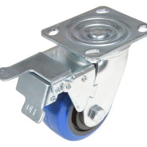 The Vestil 4X2 Elastic Rubber (Blue) Swivel with Total Brake features a metal mounting plate and side brake for smooth mobility and secure attachment to furniture or equipment.