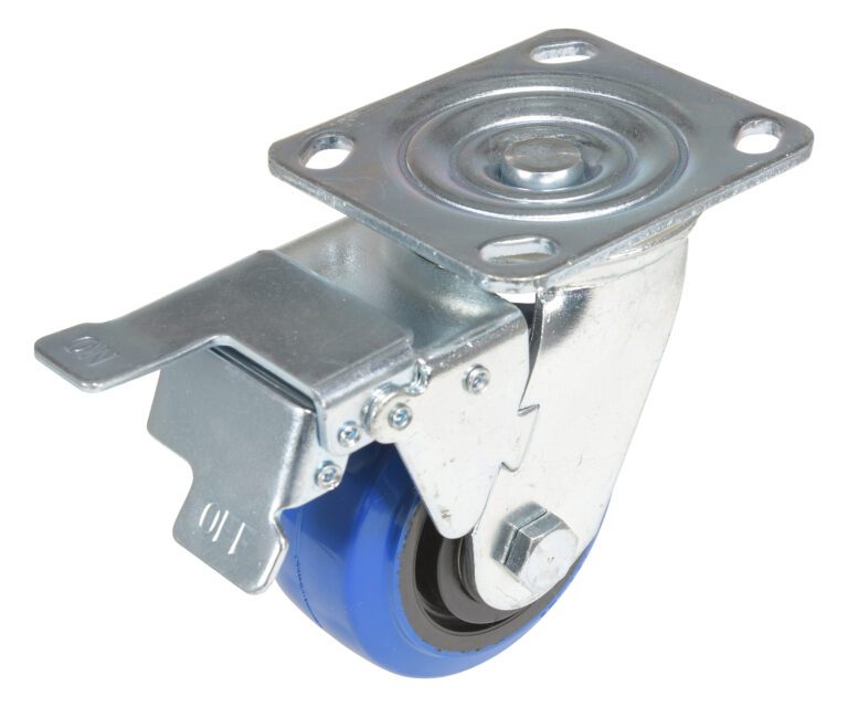 The Vestil 4X2 Elastic Rubber (Blue) Swivel with Total Brake features a metal mounting plate and side brake for smooth mobility and secure attachment to furniture or equipment.