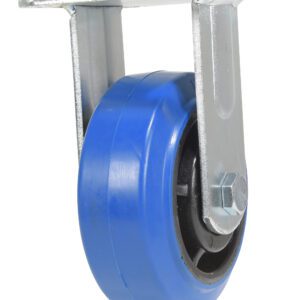 The Vestil 5X2 Elastic Rubber (Blue) Rigid caster wheel comes with a durable metal bracket and bolt attachment, providing reliable mobility for mounting.