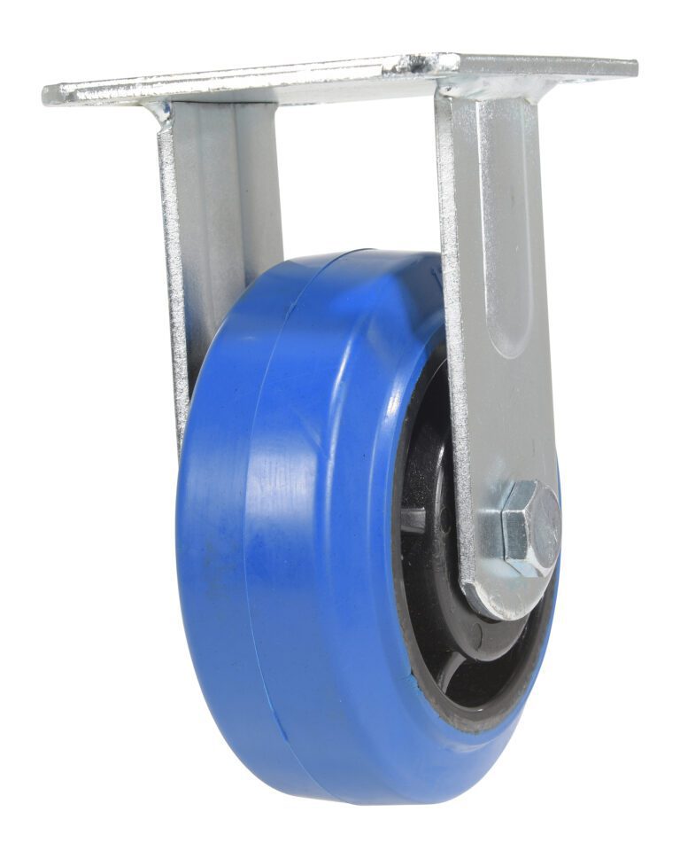 The Vestil 5X2 Elastic Rubber (Blue) Rigid caster wheel comes with a durable metal bracket and bolt attachment, providing reliable mobility for mounting.
