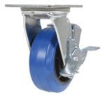 The Vestil 5X2 Elastic Rubber (Blue) Swivel W/ Brake caster wheel has a metal frame, reliable swivel mechanism, and locking brake. Mounted on a sturdy rectangular plate, it ensures seamless attachment to furniture or equipment for optimal mobility.
