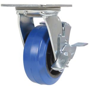 The Vestil 5X2 Elastic Rubber (Blue) Swivel W/ Brake caster wheel has a metal frame, reliable swivel mechanism, and locking brake. Mounted on a sturdy rectangular plate, it ensures seamless attachment to furniture or equipment for optimal mobility.