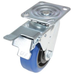 The Vestil 5X2 Elastic Rubber (Blue) Swivel W/ Total Brake caster has a blue rubber tire, shiny silver mounting plate, and includes an OFF labeled brake lever and bolt for easy attachment.